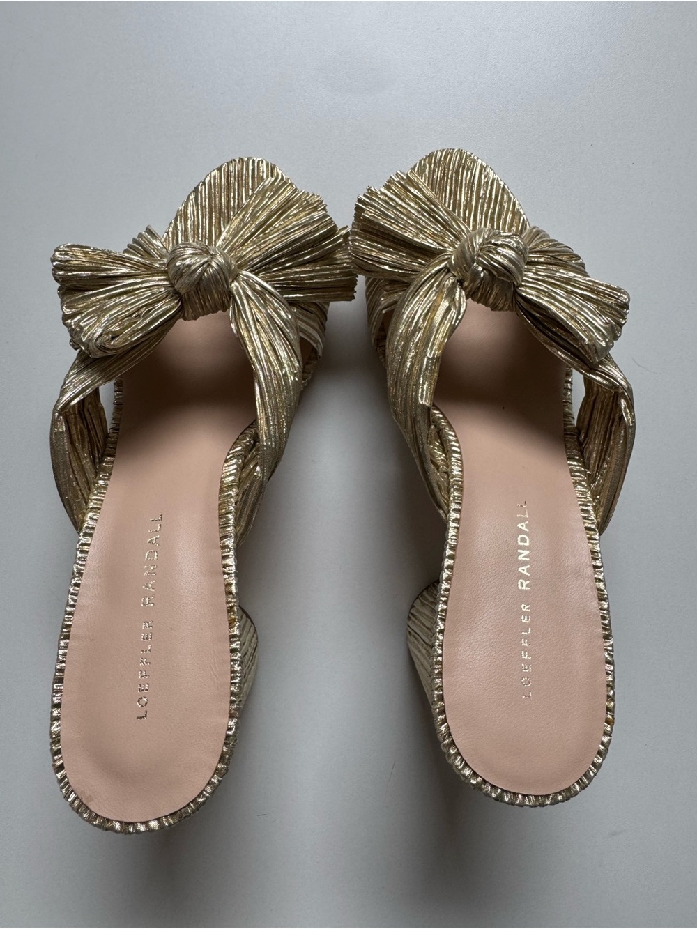 Loeffler Randall Emilia Pleated Knot Metallic Gold Bow Slide Mules